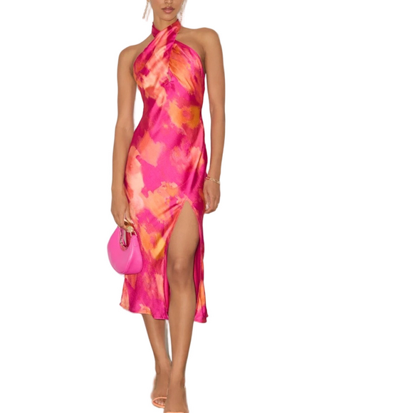 Lulus Beyond Classy Pink Multi Abstract Print Satin Halter Midi Dress – Sz Small - Picture 2 of 11